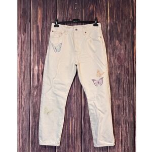 Levis 501 Jeans Womens W30 L28 Off White Cream Butterfly Print Button Fly